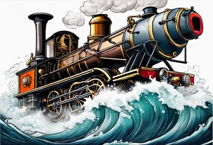 Steam engine hovering above a wild sea. tattoo idea