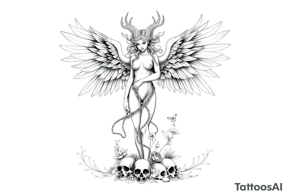 Ethereal Medusa standing. She has phoenix wings. She is beautiful and feminine. Surrounded by flowers and standing with skulls at her feet. Symbolic of resilience, transformation and inner strength. tattoo idea