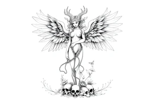 Ethereal Medusa standing. She has phoenix wings. She is beautiful and feminine. Surrounded by flowers and standing with skulls at her feet. Symbolic of resilience, transformation and inner strength. tattoo idea