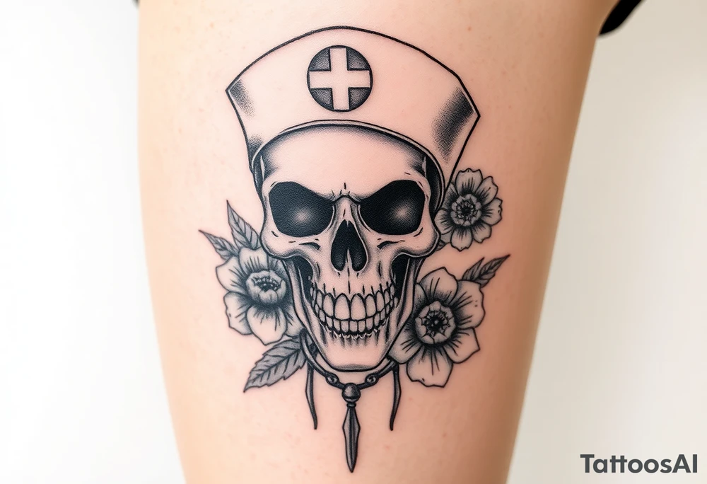 Nurse skull face with flower’s and honey combs background tattoo idea