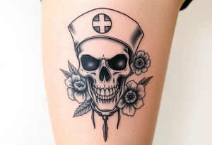 Nurse skull face with flower’s and honey combs background tattoo idea