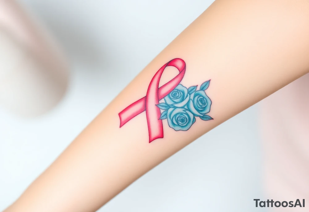 Pretty pink Cancer ribbon that says "fuck cancer"with 3 light turquoise
roses tattoo idea