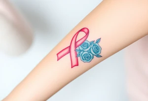 Pretty pink Cancer ribbon that says "fuck cancer"with 3 light turquoise
roses tattoo idea