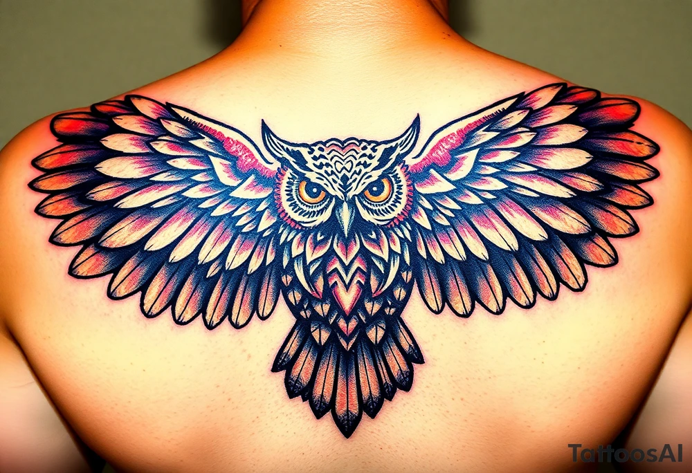 Majestic owl with huge wings spread out tattoo idea