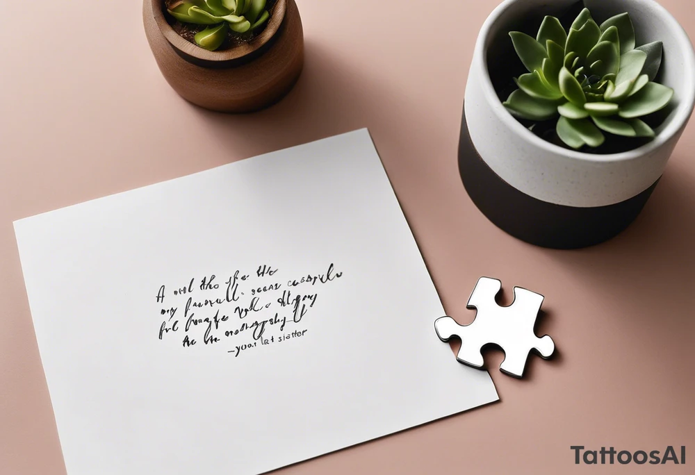 Puzzle Piece: A fine, clean outline with no shading, keeping the design light and elegant.
Handwritten Text: inside the puzzle piece, your sister’s words “to my favorite sister,” carefully preserving the integrity of her handwriting.
This will create a balanced, meaningful design that's simple yet full of emotion—perfect for a small ankle tattoo. tattoo idea