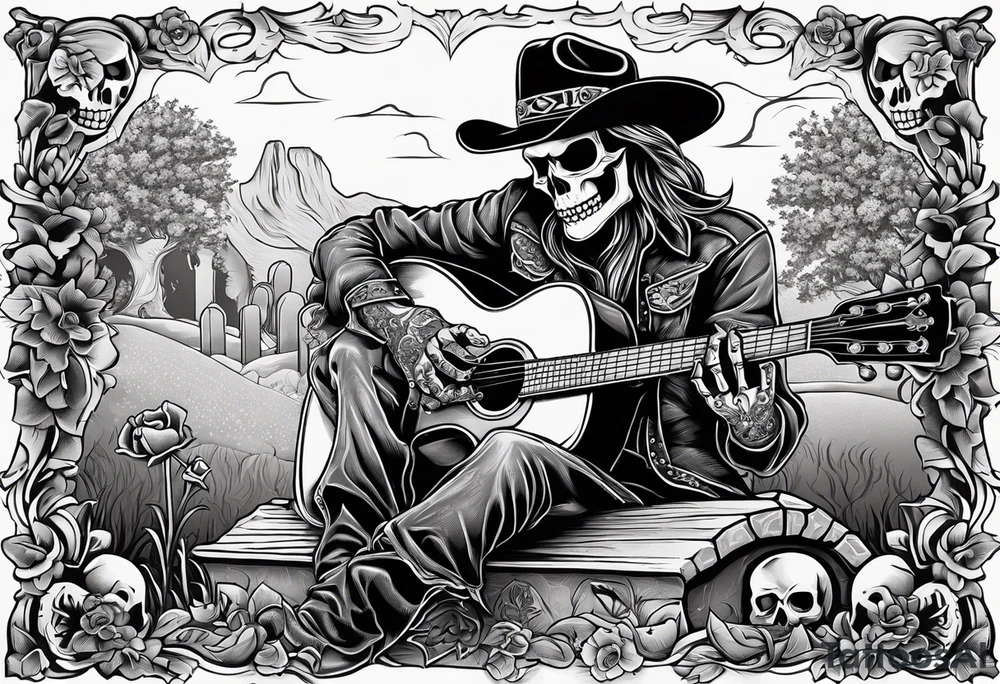 A skeleton with a cowboy hat on playing the guitar while sitting on a gravestone engraved with the words "Still Kickin'" and a pair of cowboy boots tattoo idea