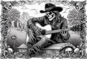 A skeleton with a cowboy hat on playing the guitar while sitting on a gravestone engraved with the words "Still Kickin'" and a pair of cowboy boots tattoo idea