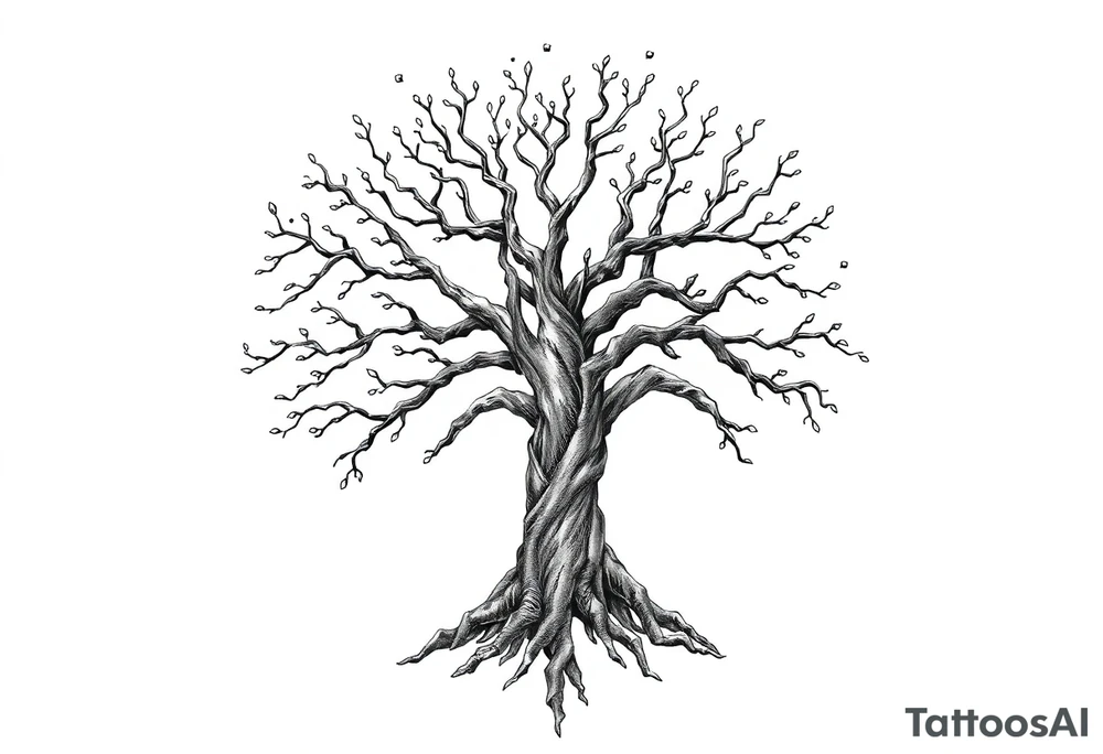 mystical tree of life with cosmic roots and celestial branches tattoo idea