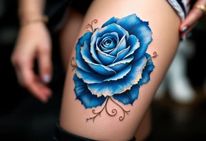 Baroque-style blue rose, rich cobalt petals with golden ornamental swirls and vines around it. tattoo idea
