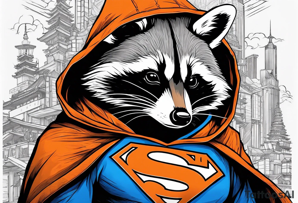 Raccoon wearing an orange Superman hoodie tattoo idea