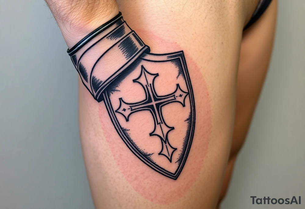 A knight’s gauntlet gripping a shield engraved with the Templar cross tattoo idea