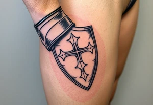 A knight’s gauntlet gripping a shield engraved with the Templar cross tattoo idea