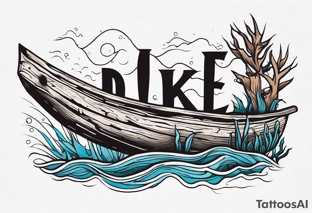 piece of driftwood underwater with duke written in the wood tattoo idea