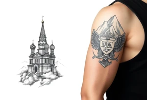 russian orthodox christian left arm tattoo with st basils cathederal in a mountainous setting with clouds with a russian coat of arms tattoo idea