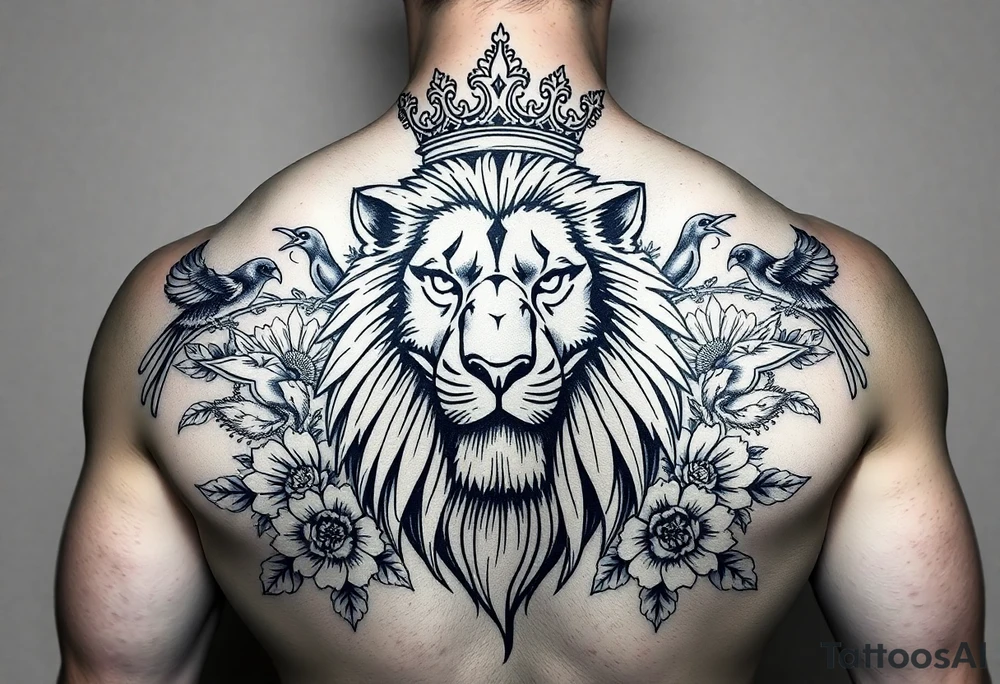 powerful majestic lion with a crown, surrounded by floral ornaments and birds tattoo idea