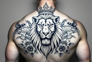 powerful majestic lion with a crown, surrounded by floral ornaments and birds tattoo idea