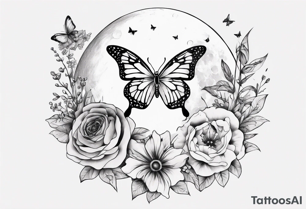 Thigh tattoo with floral and butterflies and moon. Show on thigh tattoo idea