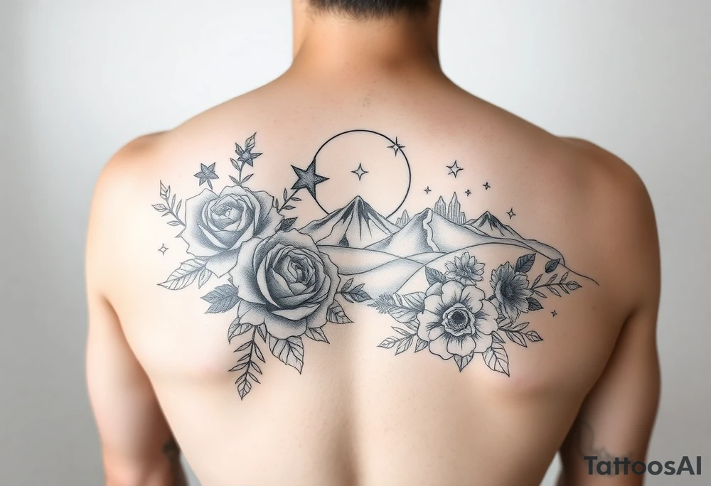 Unique artistic tattoo, with roses and wild flowers
moon and stars mountains
Feminine tattoo idea