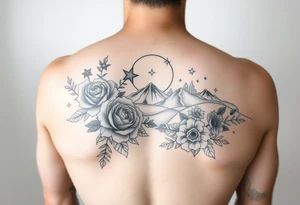 Unique artistic tattoo, with roses and wild flowers 
moon and stars mountains
Feminine tattoo idea