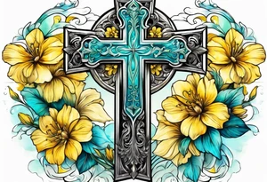 Winged cross surrounded by yellow and aqua flowers tattoo idea