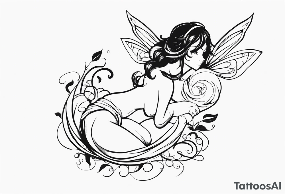 No color sketch of a fairy with a tail inspired by the guild symbol in the anime show called Fairy Tail in a fetal position leaning in and forward while crawled in hugging herself floating tattoo idea