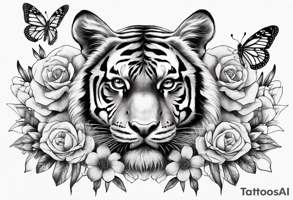 realistic tiger face, 3 butterflies, flowers for ladies thigh / hip shaded tattoo idea