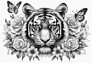 realistic tiger face, 3 butterflies, flowers for ladies thigh / hip shaded tattoo idea