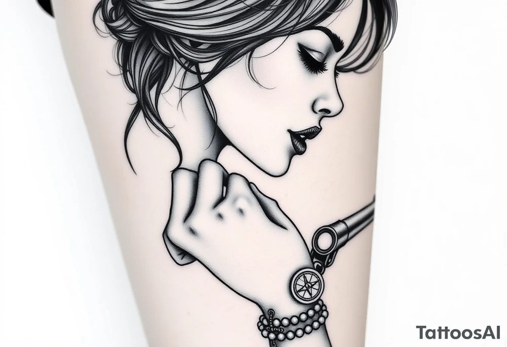 Profile of sexy woman with messy hair 
,resting chin on fist 
, mouth open  , lace, lipstick,  pearls 
compass and gun hand with rosary wrapped around hand tattoo idea