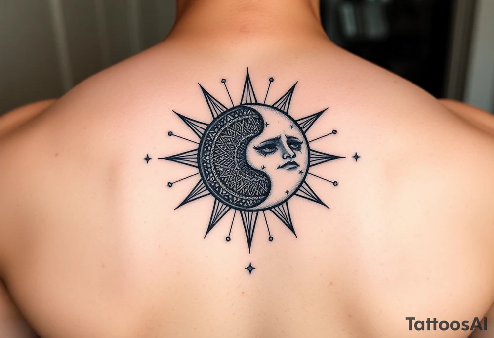 celestial sun and moon embrace with constellation patterns tattoo idea