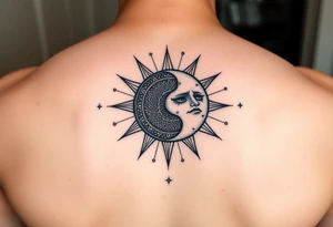 celestial sun and moon embrace with constellation patterns tattoo idea