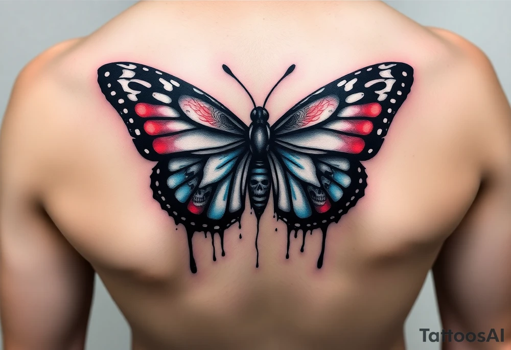 powerful majestic and dark monarch butterfly with skull detail in the wings
hidden skulls in wings, skull detail making the body of the butterfly with a horror style dripping effect, including blue, red and white colouring tattoo idea