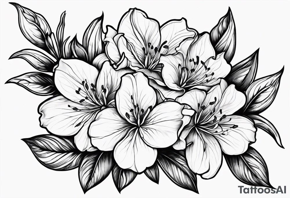 Azaleas with 5 petals, buds, leaves; curved design tattoo idea