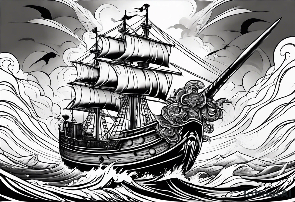 mammoth tribal on right chest going into a storm cloud thats on the arm awith a ship below tattoo idea