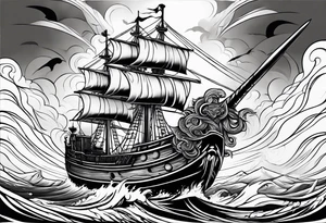 mammoth tribal on right chest going into a storm cloud thats on the arm awith a ship below tattoo idea