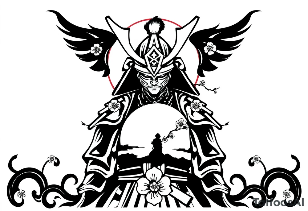 noble samurai warrior silhouette at sunset with cherry blossoms tattoo idea