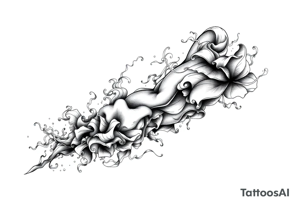 Tattoo sleeve filler using smoke, ash, and fragmented memory effects, organic flow wrapping around arm muscles, soft gradients, negative space, black and grey realism, seamless transitions between main tattoo elements. tattoo idea