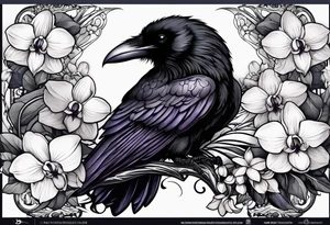 A sleeve with a a Raven A white orchid saying 1990 and something showing change with the Raven tattoo idea