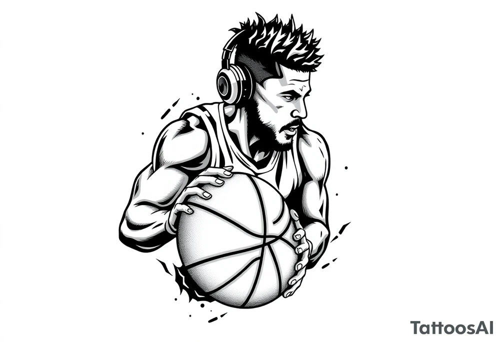 A guy dribbling a basketball with headphones on tattoo idea