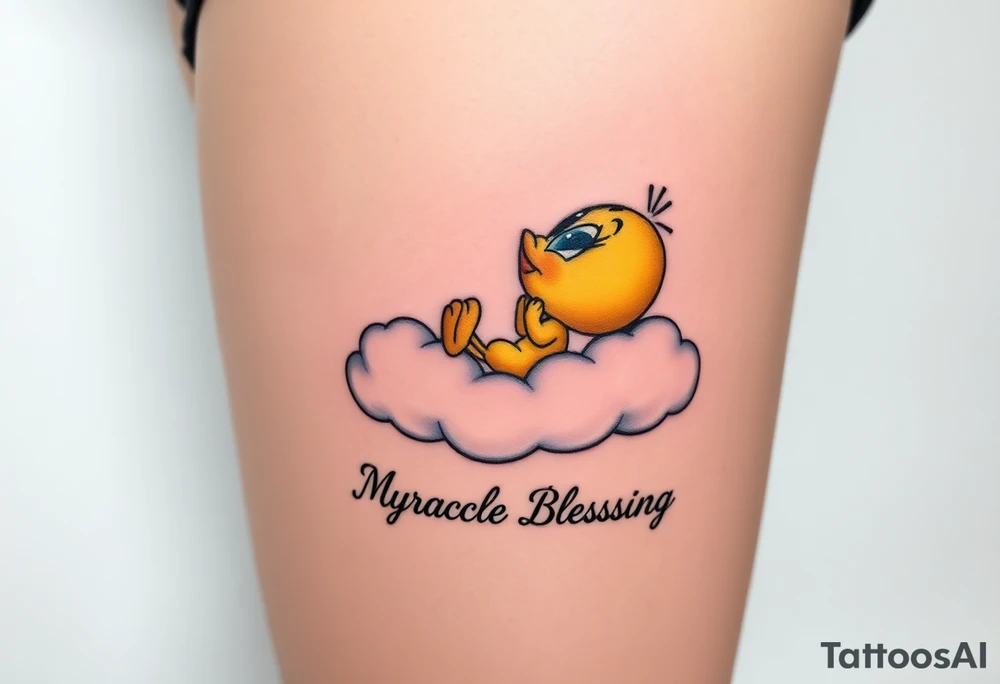 Tweety Bird laying on a cloud with his head in his hands looking up at the sky. Under the cloud in small capital letters is the name Myracle Blessing tattoo idea