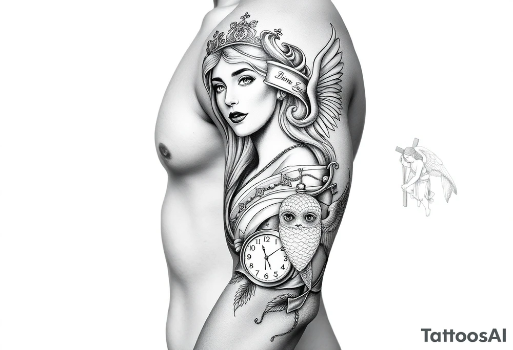 Princess and beautifully lady and a clock and cupido angels an jesus on cross and carp fish tattoo idea