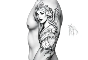 Princess and beautifully lady and a clock and cupido angels an jesus on cross and carp fish tattoo idea