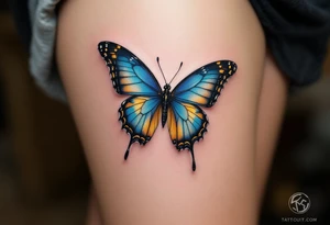 A realistic butterfly landing on the skin, with lifelike texture in electric blue, black, and golden highlights, appearing as if it could fly away. tattoo idea