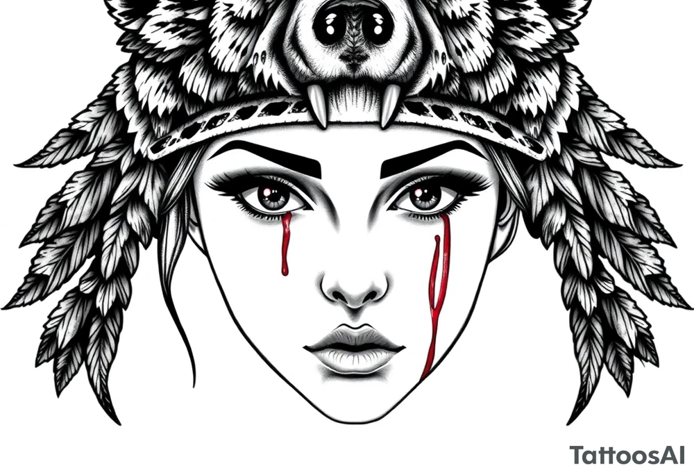 Symmetrical Beautiful Woman, looking forward, with colored eyes, shedding a tear, with battle scars and blood on face, with soft look, wearing a mean looking bear headdress on head tattoo idea