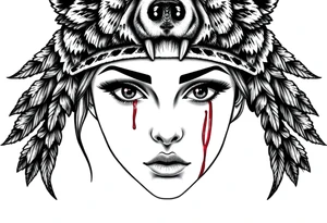 Symmetrical Beautiful Woman, looking forward, with colored eyes, shedding a tear, with battle scars and blood on face, with soft look, wearing a mean looking bear headdress on head tattoo idea