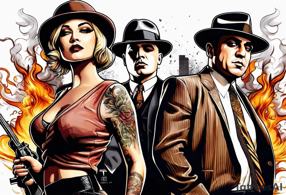 group of gangsters  with bonnie & clyde with Al Capone and machine gunns with smoke and fire and sexy females tattoo idea