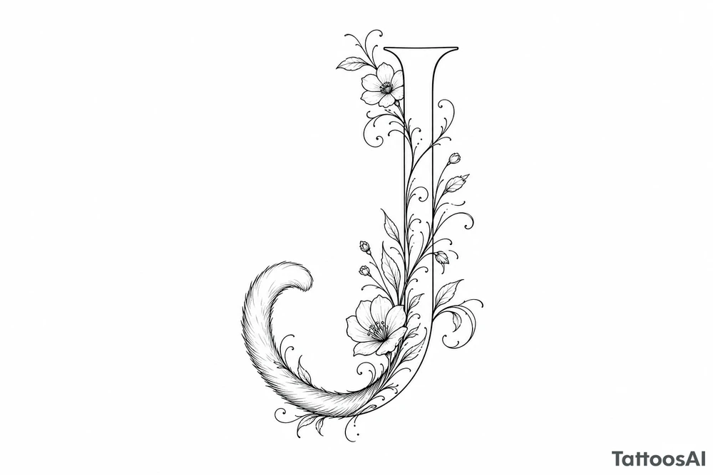 Single line drawing of a J transforming into a cat's tail with floral accents. tattoo idea
