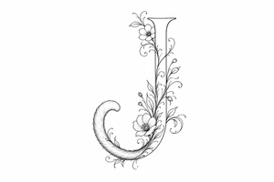 Single line drawing of a J transforming into a cat's tail with floral accents. tattoo idea