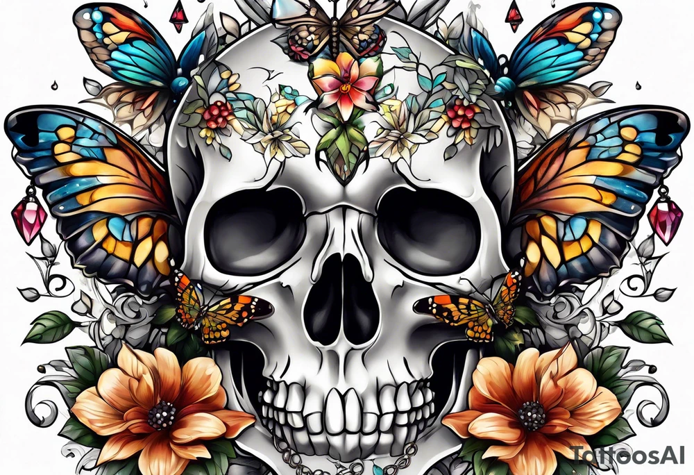 Flower chest piece, small animal skull, crystals, moth tattoo idea