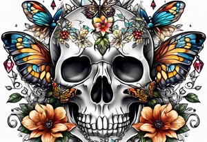 Flower chest piece, small animal skull, crystals, moth tattoo idea
