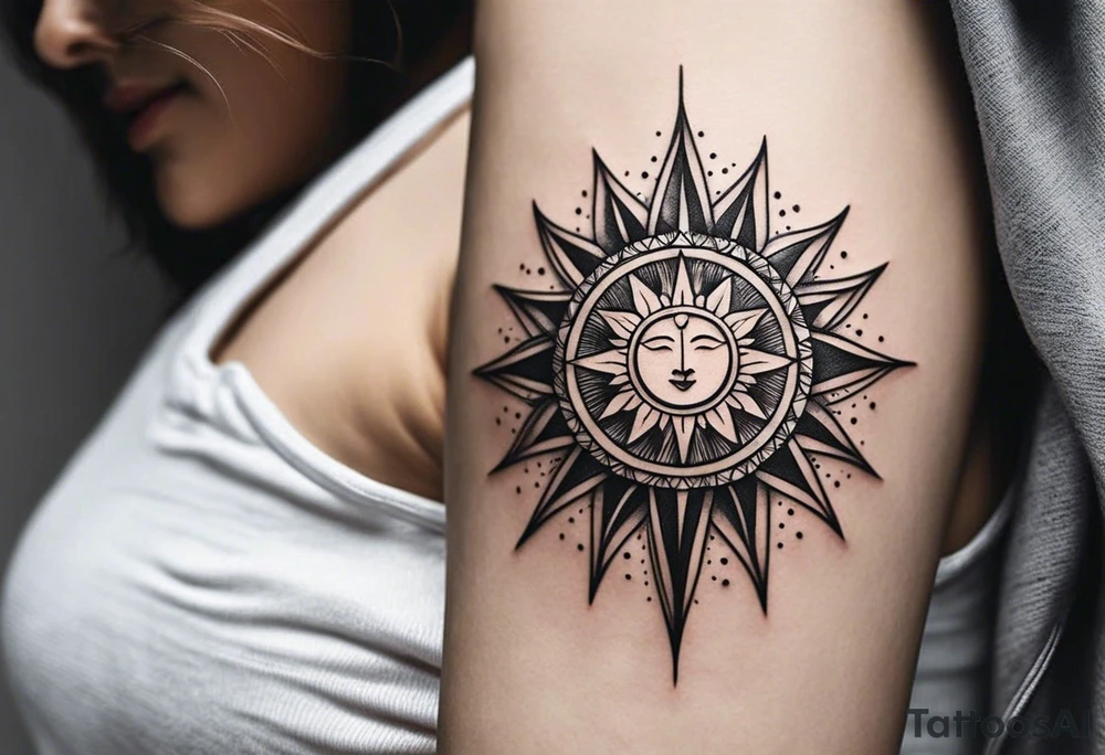 a mixture of minimalist/fine line/tribal/abstract
 tattoo design that is mainly minimalist with fine lines. unique Design of the sun that resembles a connection to the sun. It further resembles the sun's energy. Make it simple to draw and focus on the rays of sunshine
unique shape
simple design
more abstract tattoo idea